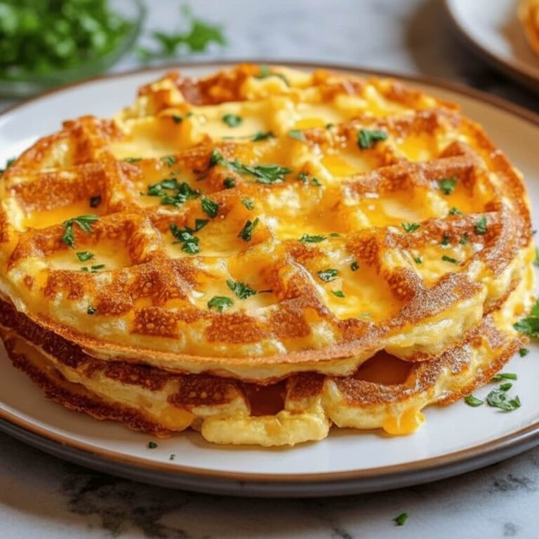 Golden crispy potato waffles topped with melted cheese and fresh herbs served on a white plate. Perfect for breakfast or brunch, delicious and easy recipe from Recipestang.