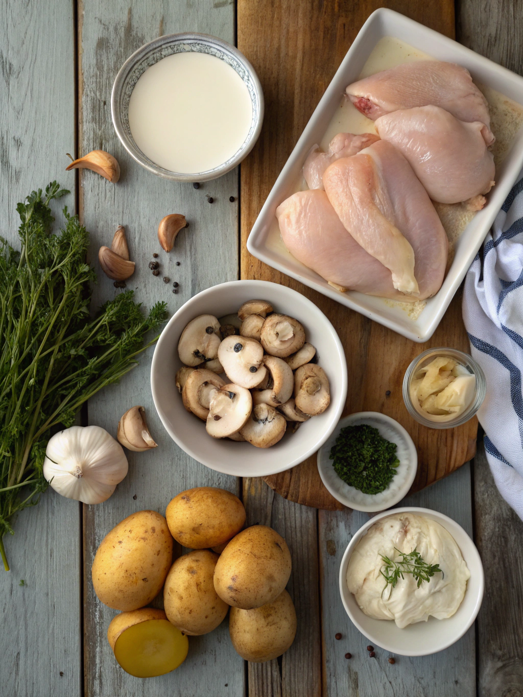 Ingredients for Herb Roasted Chicken in Creamy White Sauce with Mushroom and Potatoes: Cozy Dinner Recipe — Under A Tin Roof