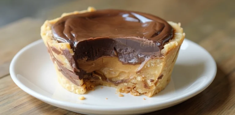 Rich chocolate and caramel layered dessert with a flaky crust on a white plate, perfect for indulgent sweet treats.