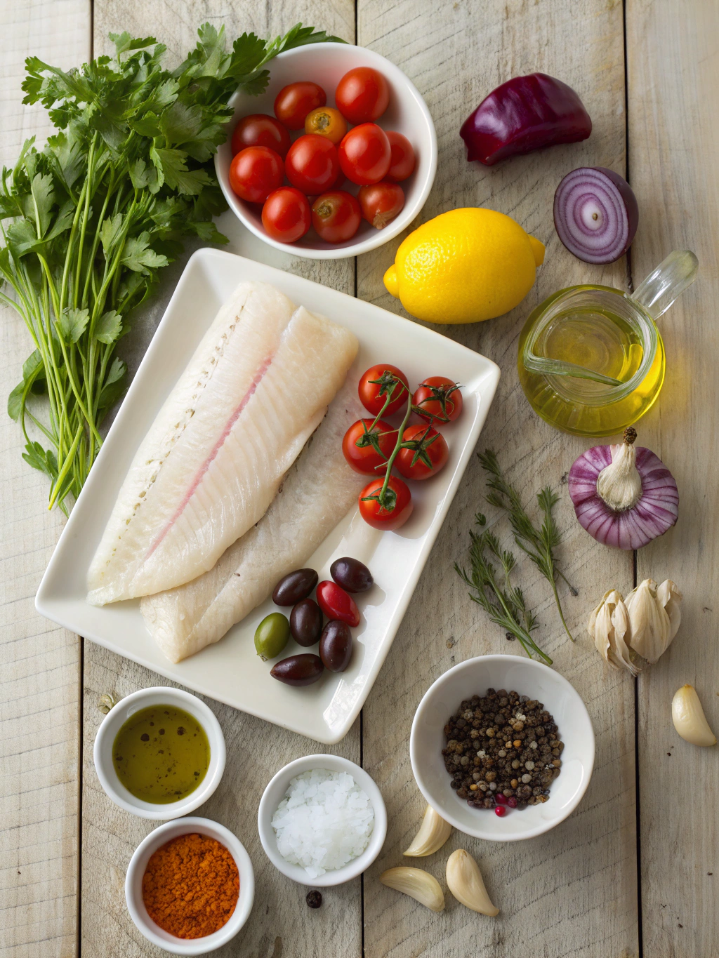 Ingredients for Mediterranean Baked Fish – Light, Flavorful & One-Pan Easy