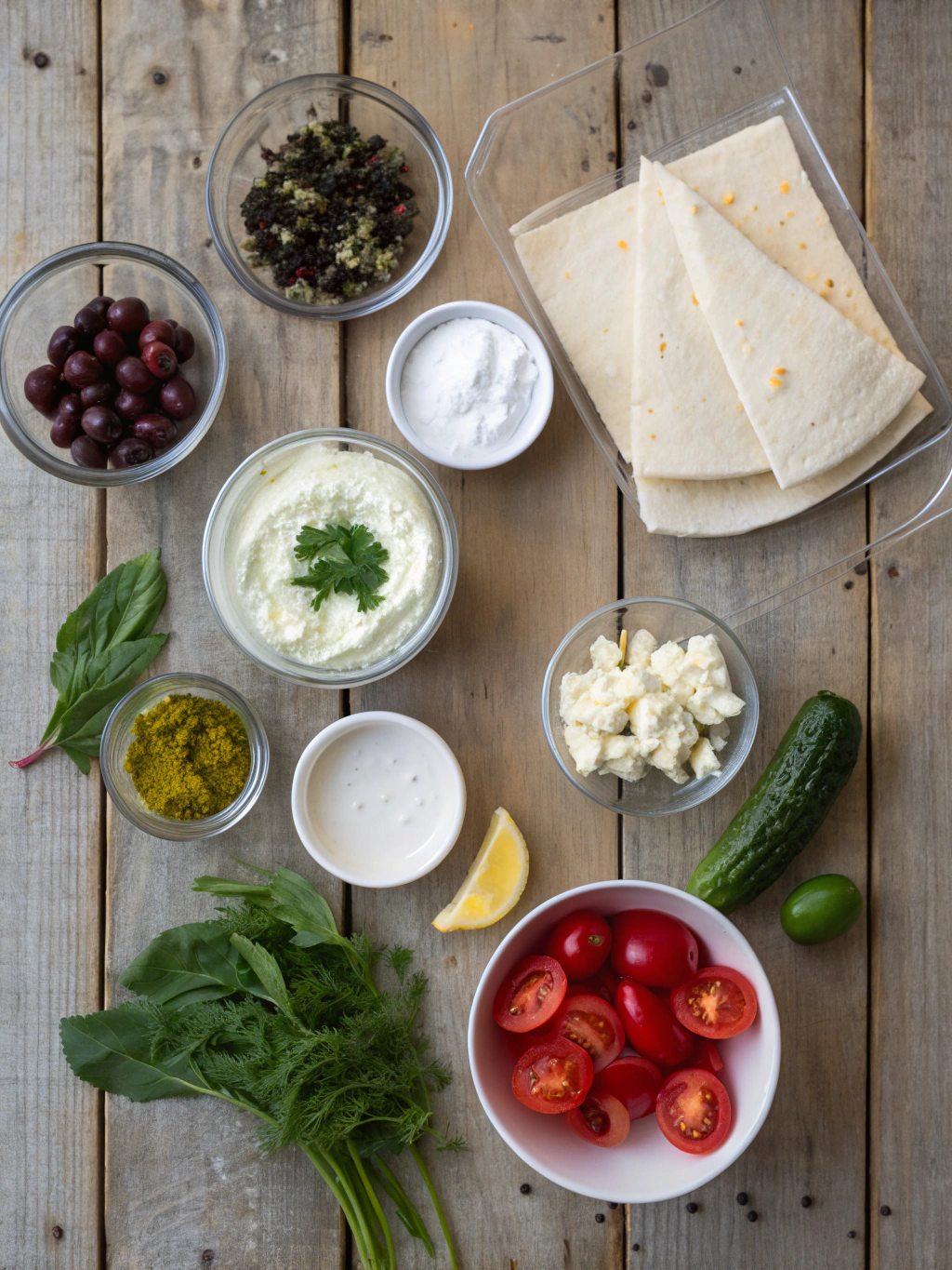 Ingredients for Mediterranean Pinwheels – The Colorful, Flavor-Packed Appetizer Everyone Loves!