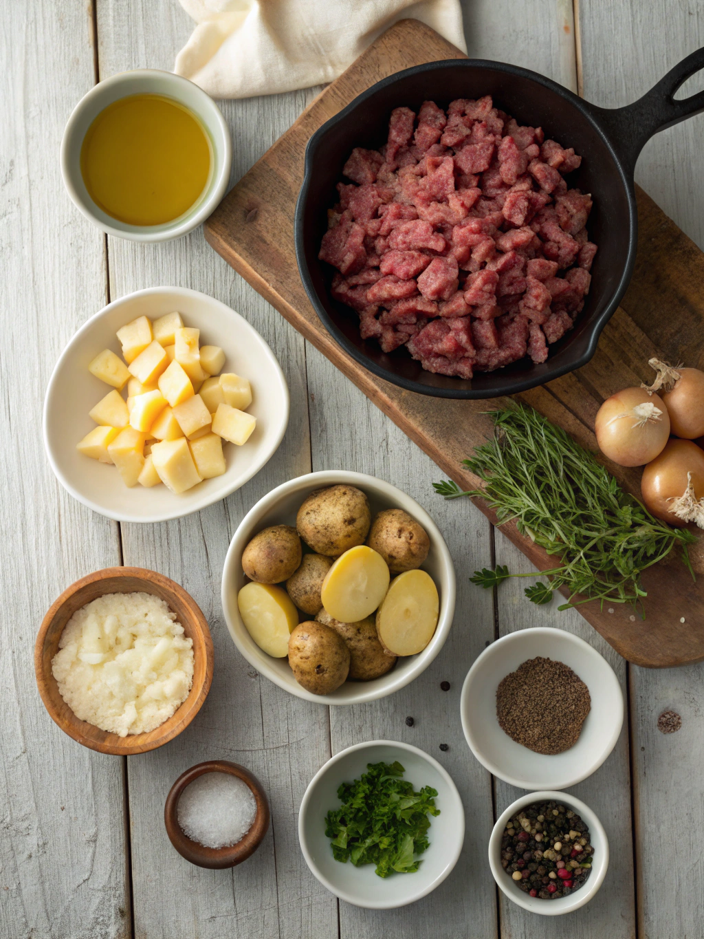 Ingredients for One-Pan Cheesy Meat & Potato Skillet - Recipestasteful | We're the secret ingredient for home cooks.