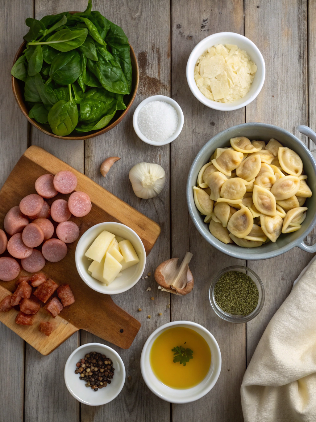 Ingredients for One-Pot Creamy Kielbasa Tortellini Skillet