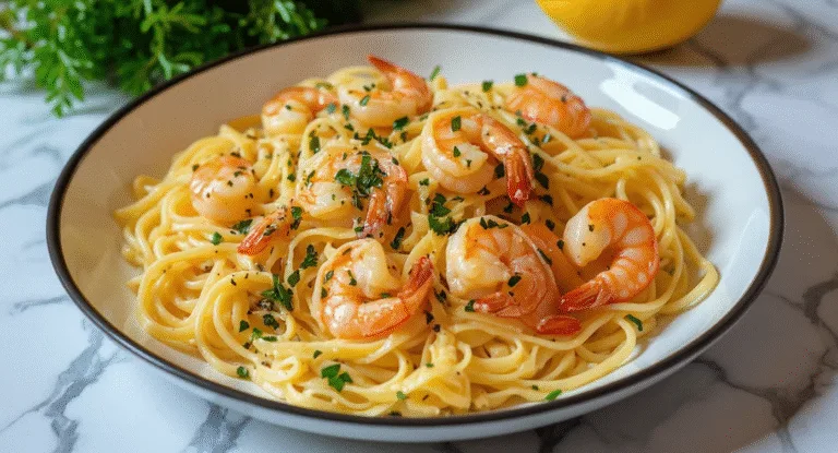 Pasta with lots of lemon, Alfredo sauce and shrimp