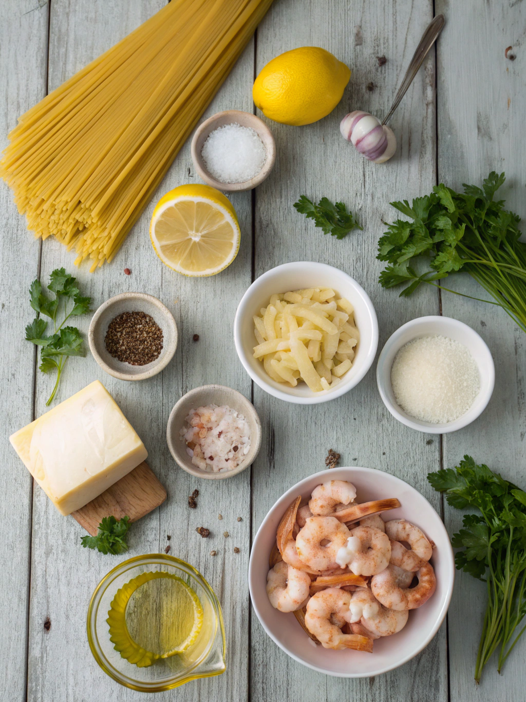 Ingredients for Pasta with lots of lemon, Alfredo sauce and shrimp