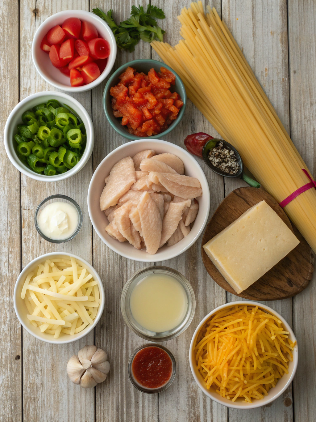 Ingredients for Spicy Southern Chicken Spaghetti Casserole