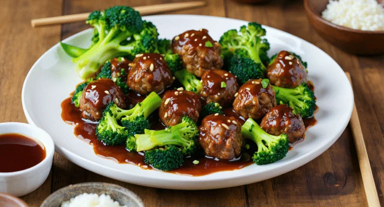 Sticky Mongolian Meatballs and Broccoli