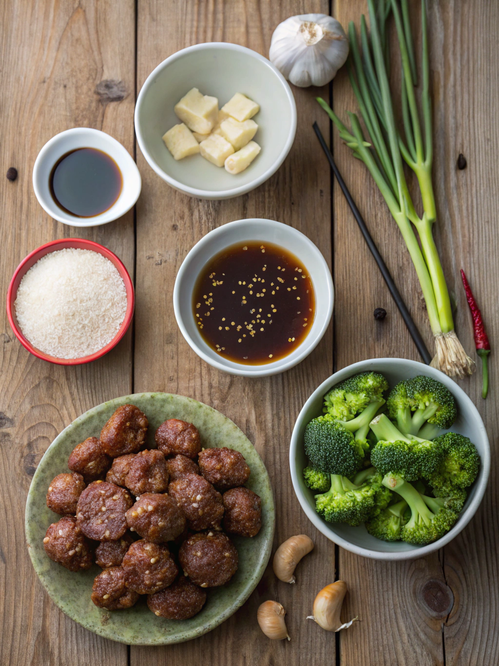 Ingredients for Sticky Mongolian Meatballs and Broccoli