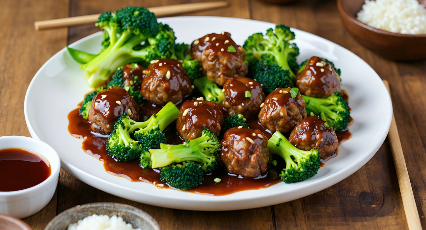Sticky Mongolian Meatballs and Broccoli