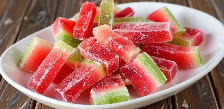 Sweet watermelon and green melon ice candies on a white dish, refreshing summer treat, frozen fruit snack, and colorful dessert for warm weather.