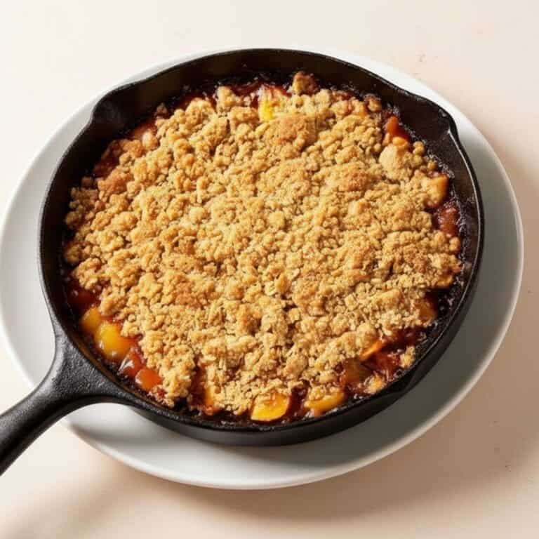 Golden brown fruit crisp with a crumbly topping in a cast iron skillet, served on a white plate, showcasing a delicious甜点 perfect for dessert or cozy gatherings.