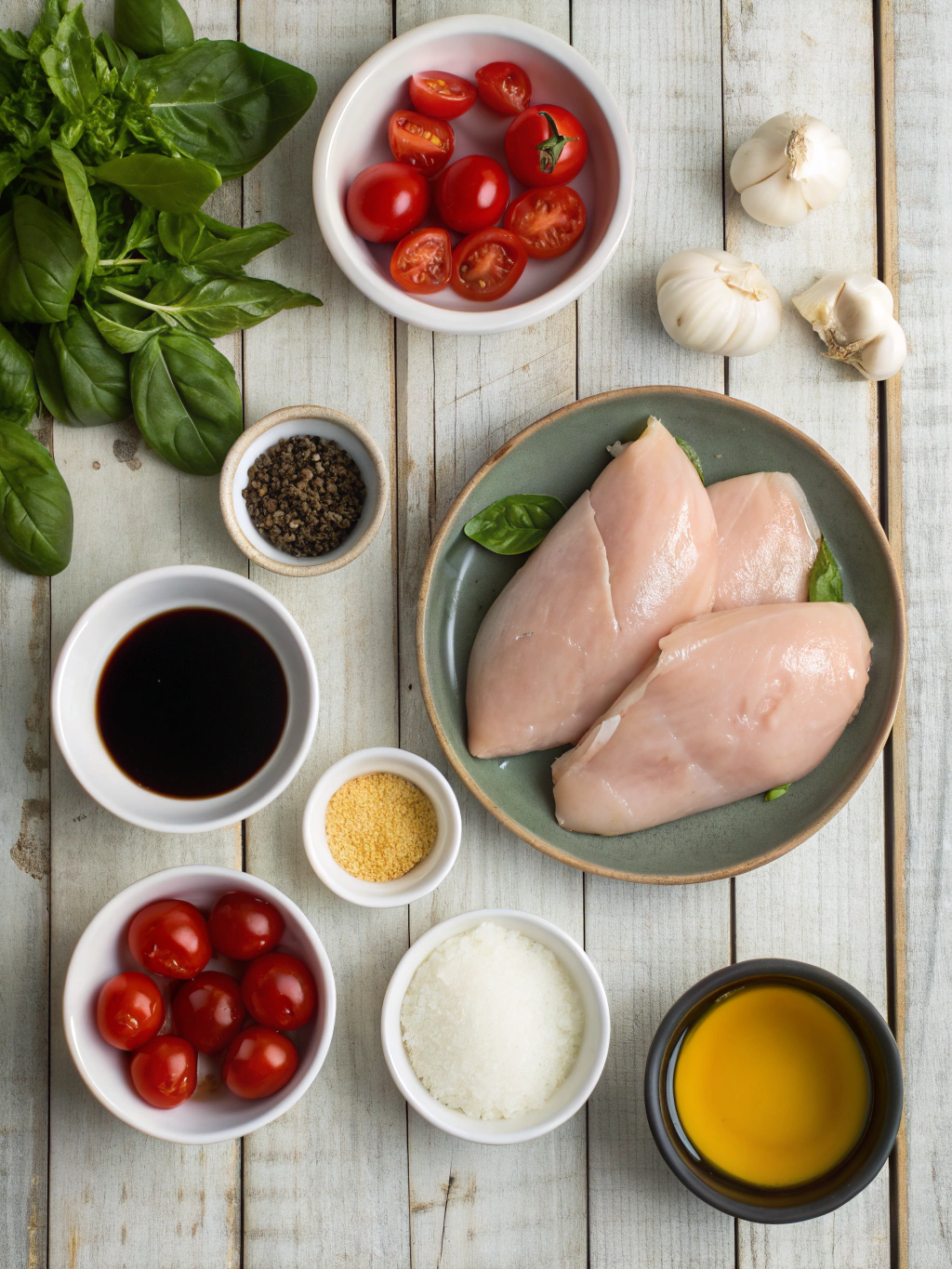 Ingredients for balsamic baked chicken breast with mozzarella cheese