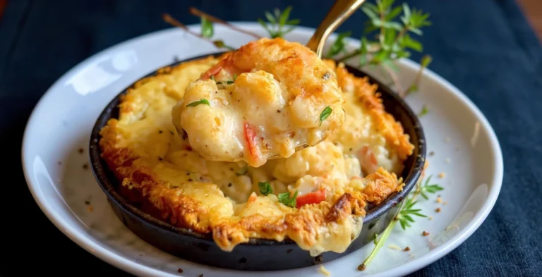Creamy seafood casserole with shrimp, scallops, and cheese in a cast iron skillet, served with fresh herbs. Perfect comfort food recipe from Recipestang for seafood lovers.