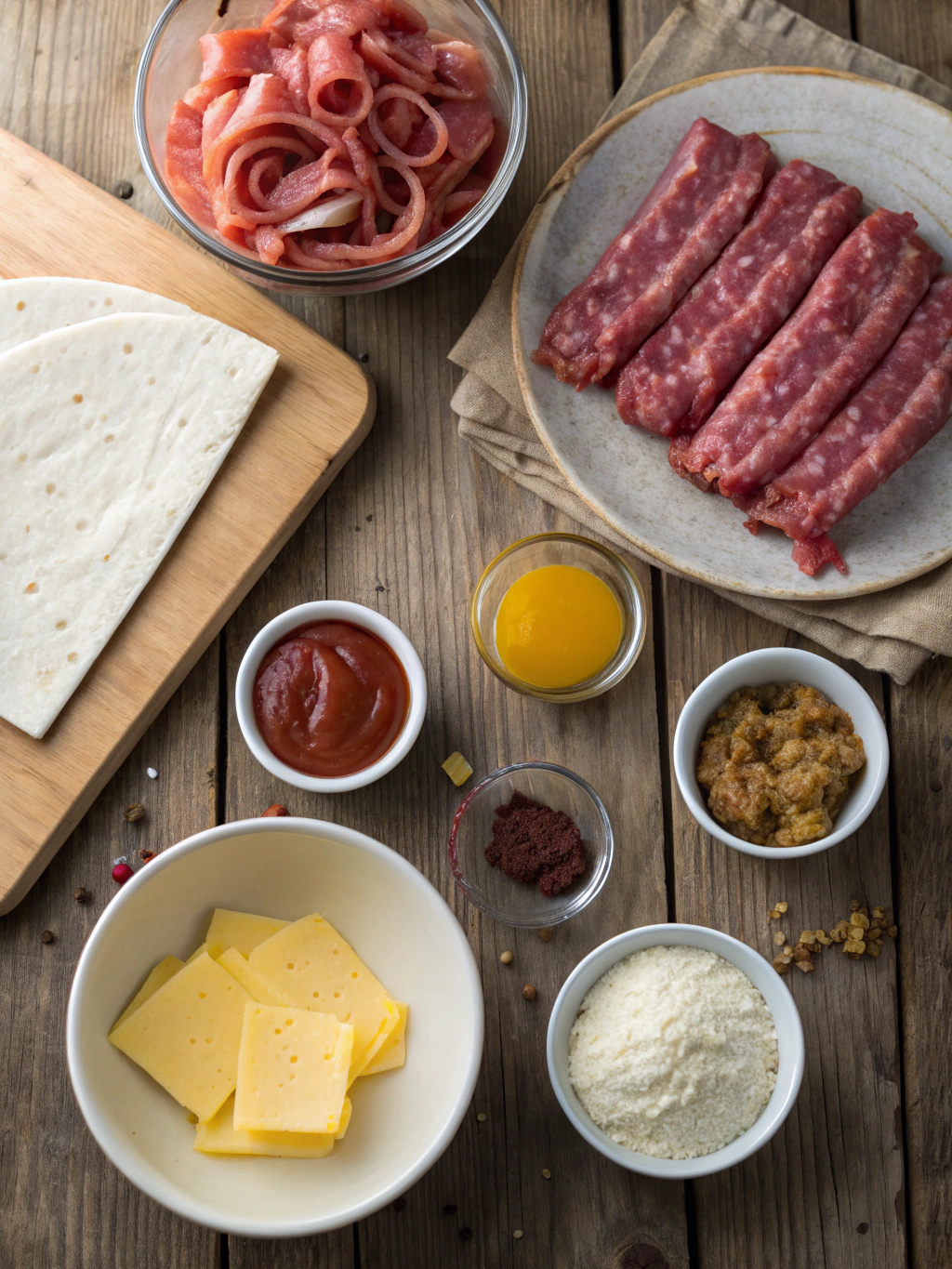 Ingredients for cheesy bacon burger wraps