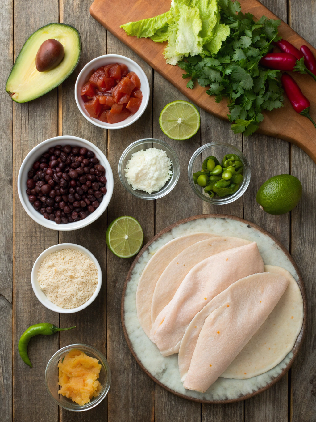 Ingredients for chicken avocado burritos