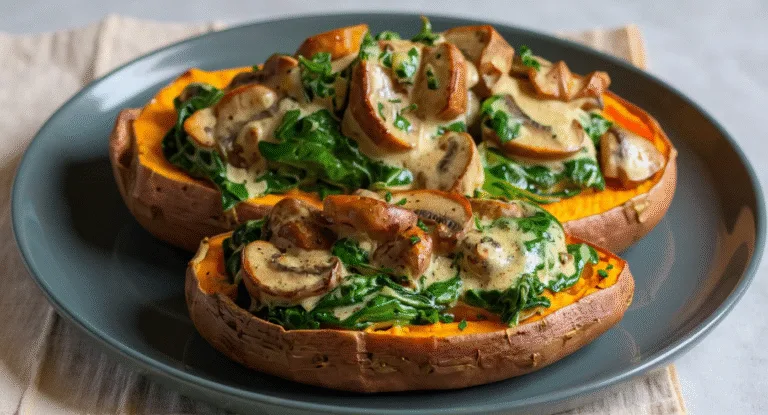 creamy mushroom and spinach stuffed sweet potatoes