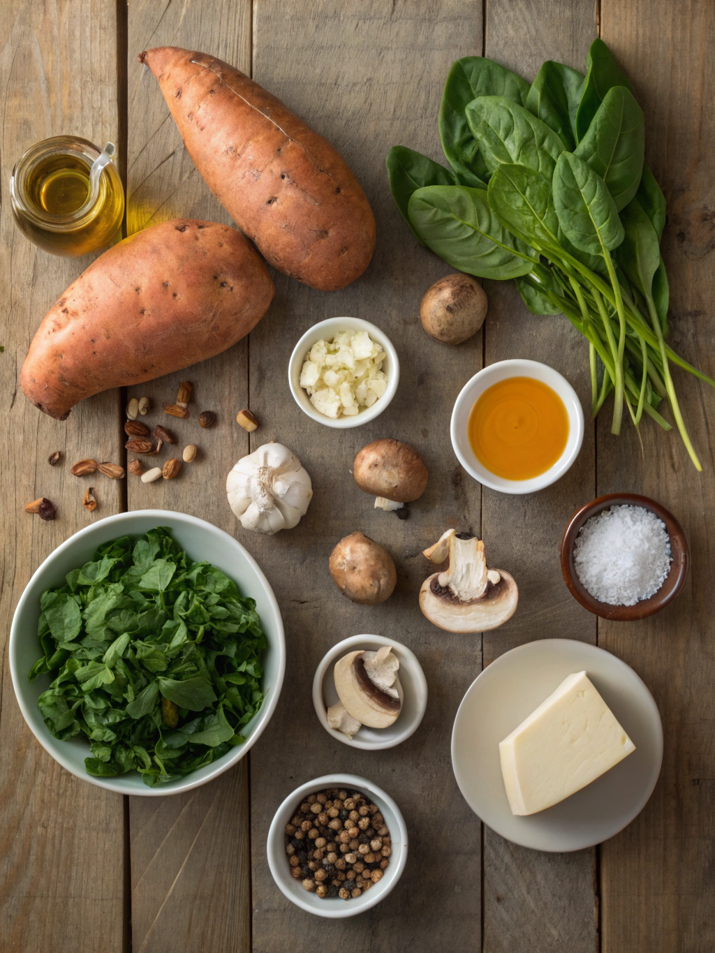 Ingredients for creamy mushroom and spinach stuffed sweet potatoes