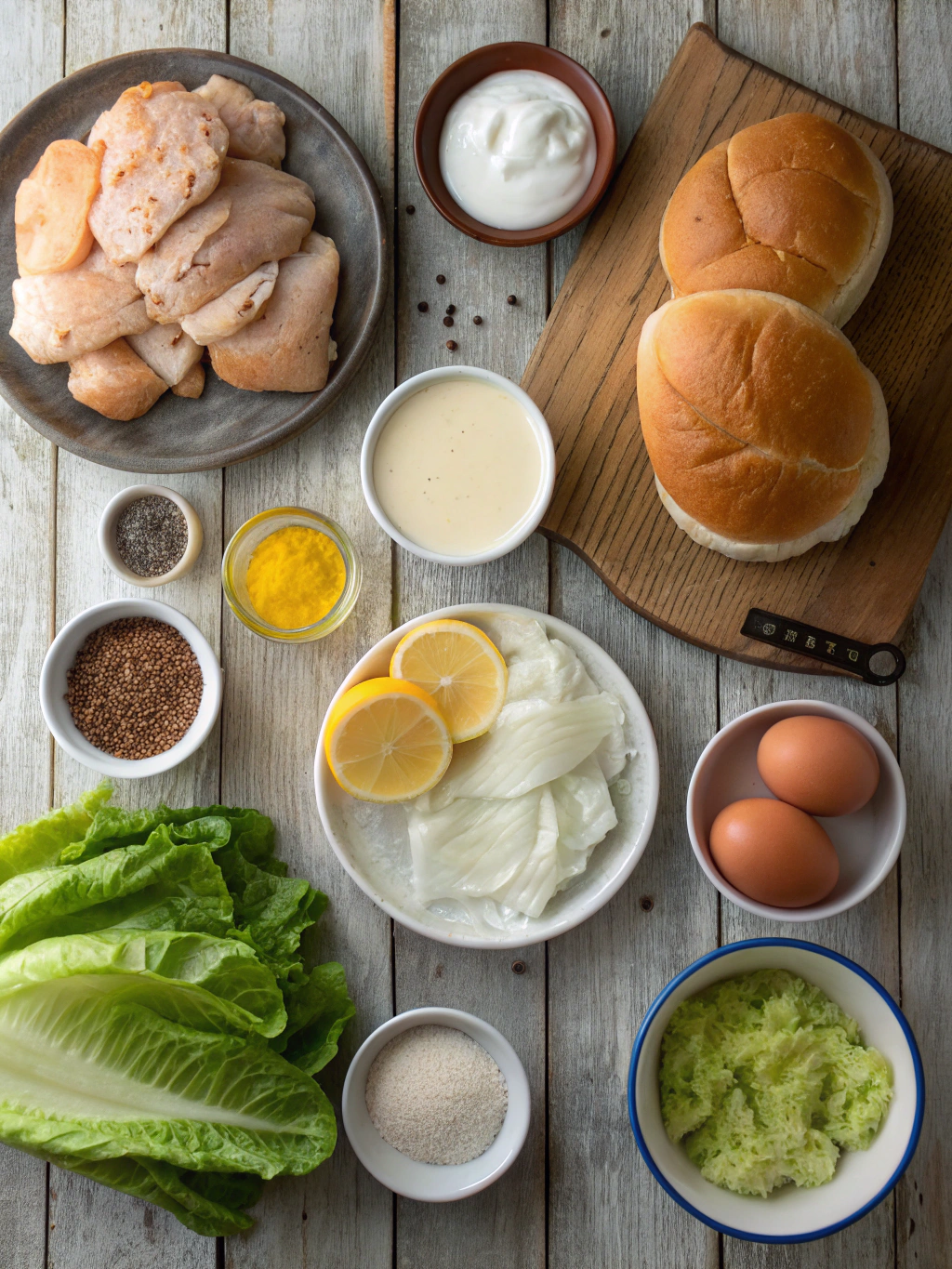 Ingredients for crispy lemon pepper chicken sandwich