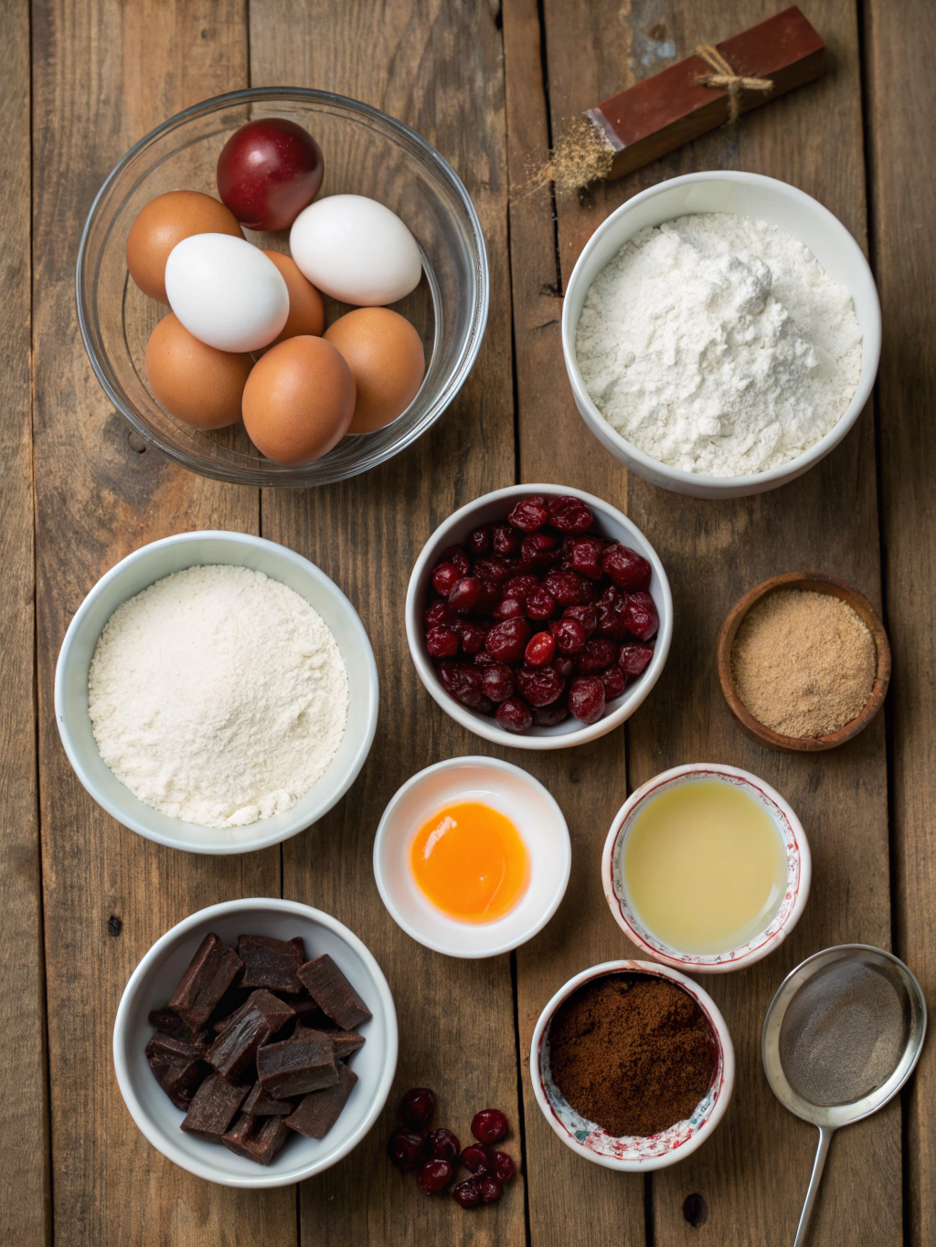 Ingredients for decadent chocolate cherry upside down cake for fall