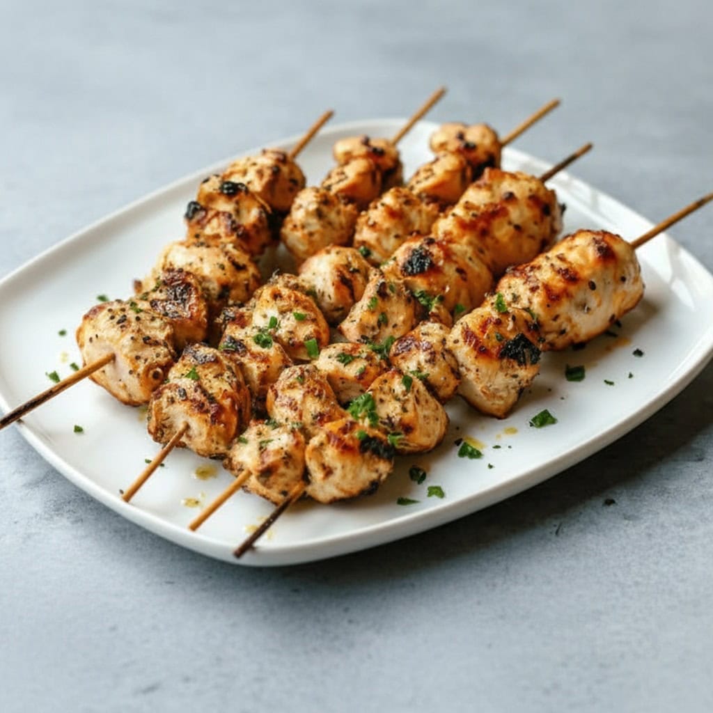Grilled chicken skewers on a white plate with fresh herbs, perfect for BBQ recipes and easy dinner ideas.
