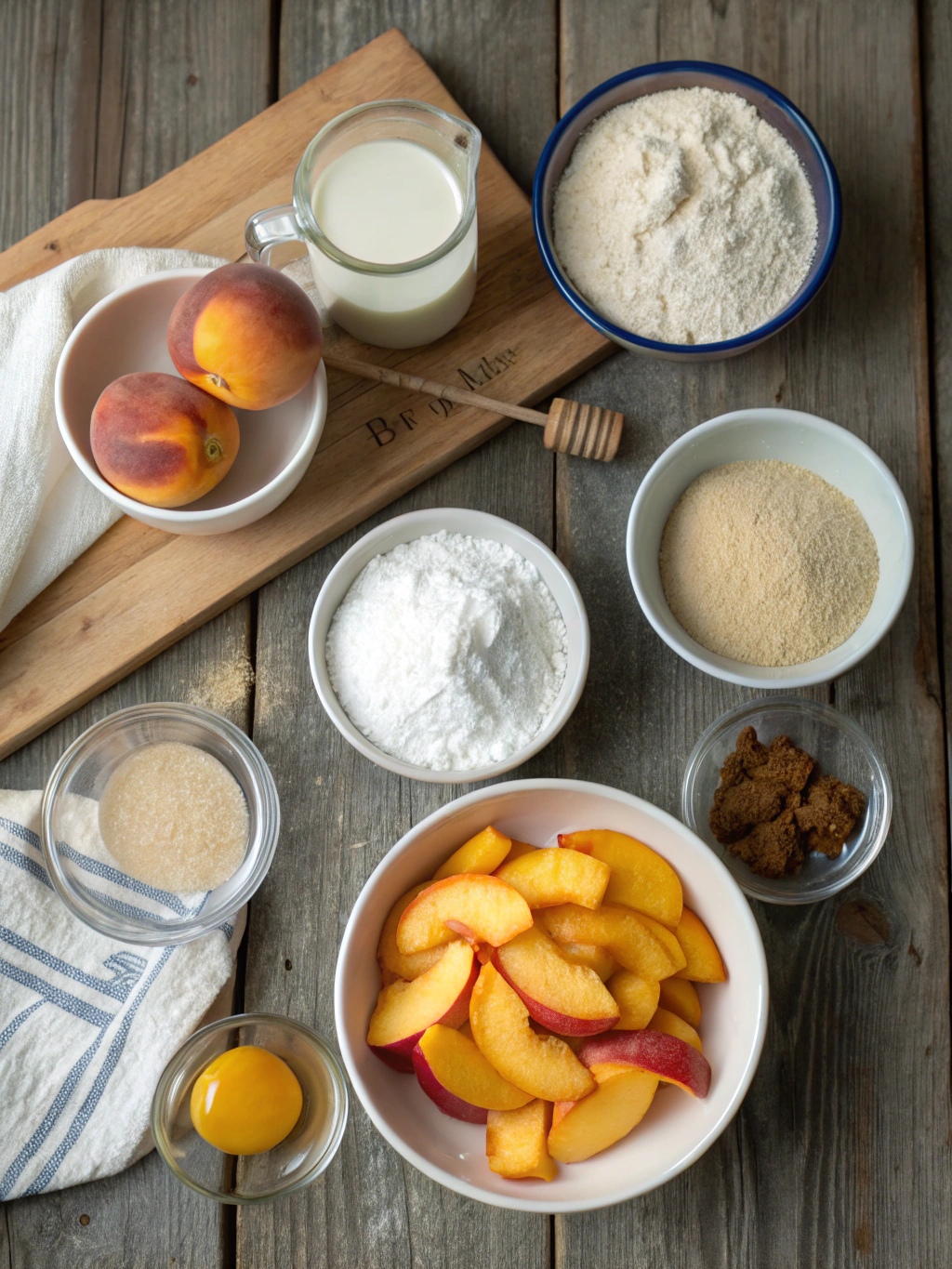 Ingredients for fluffy peach cobbler pancakes