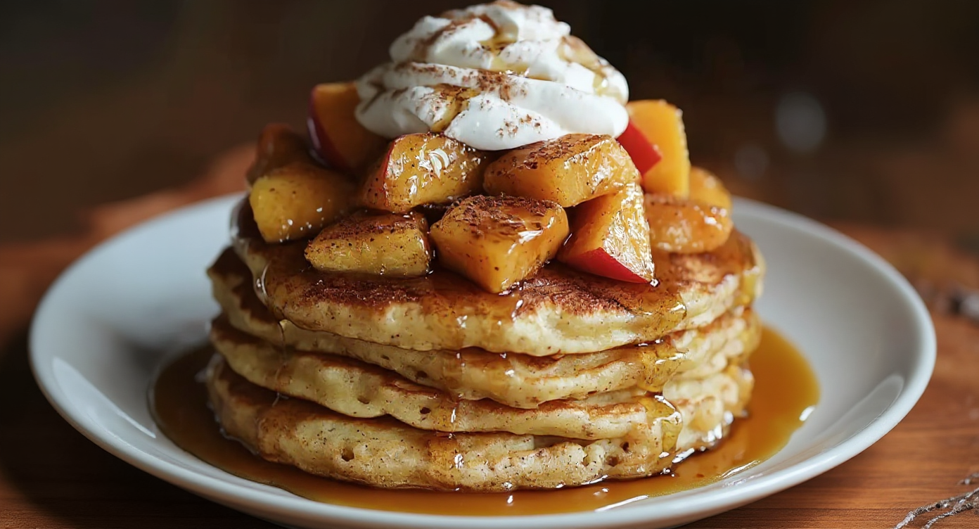 fluffy peach cobbler pancakes