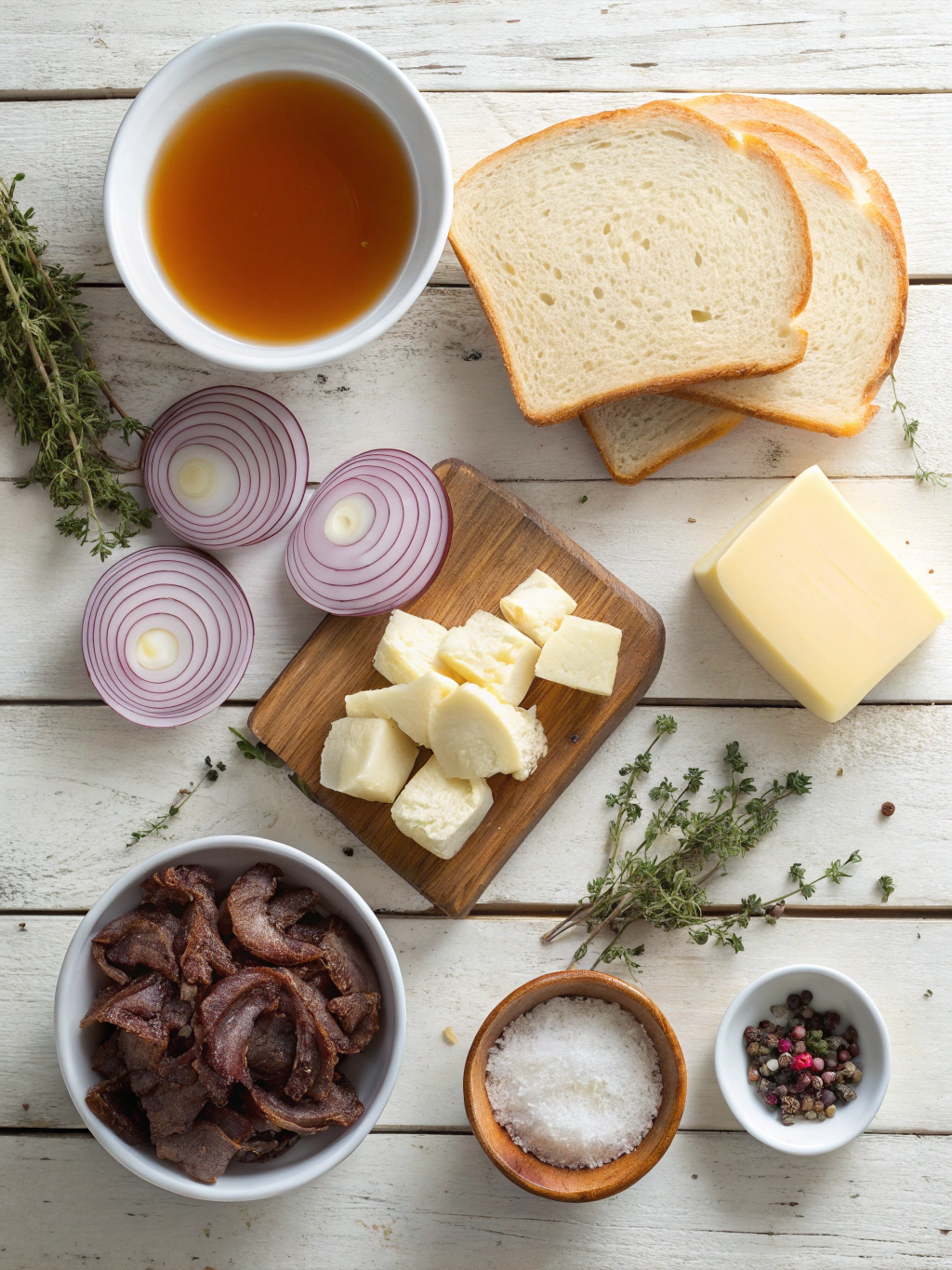 Ingredients for french onion grilled cheese sandwich