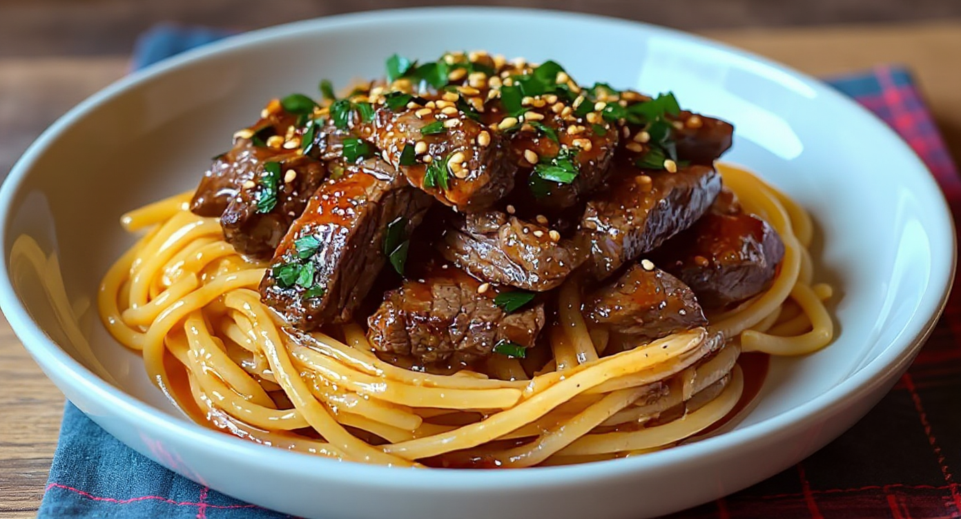 garlic steak pasta sweet, spicy, totally addictive