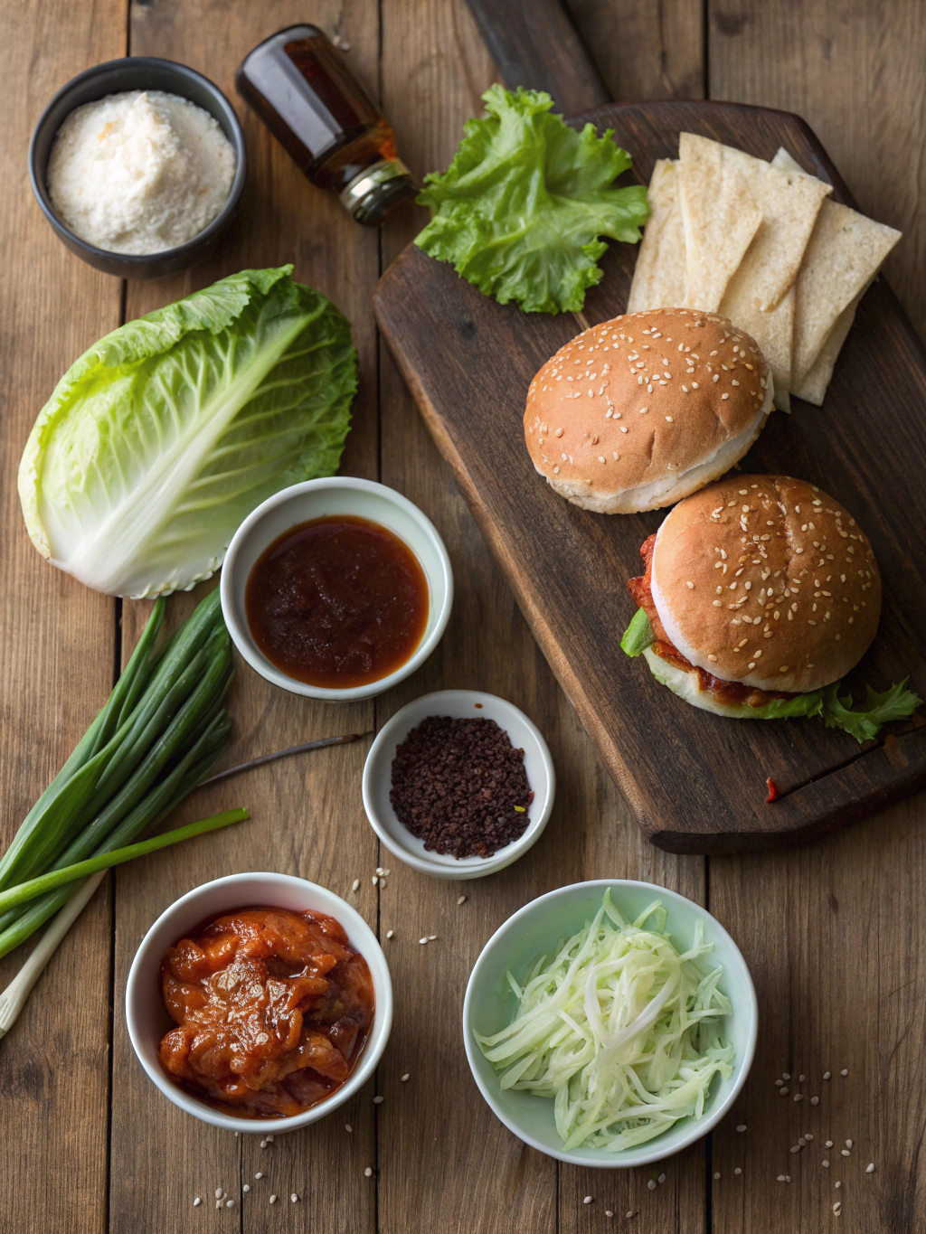 Ingredients for gochujang chicken burgers with kimchi jam