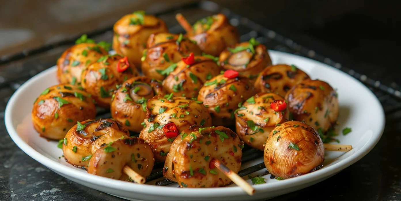 Grilled mushroom skewers with herbs and chili, served on a white plate, perfect for flavorful vegetable snacks.