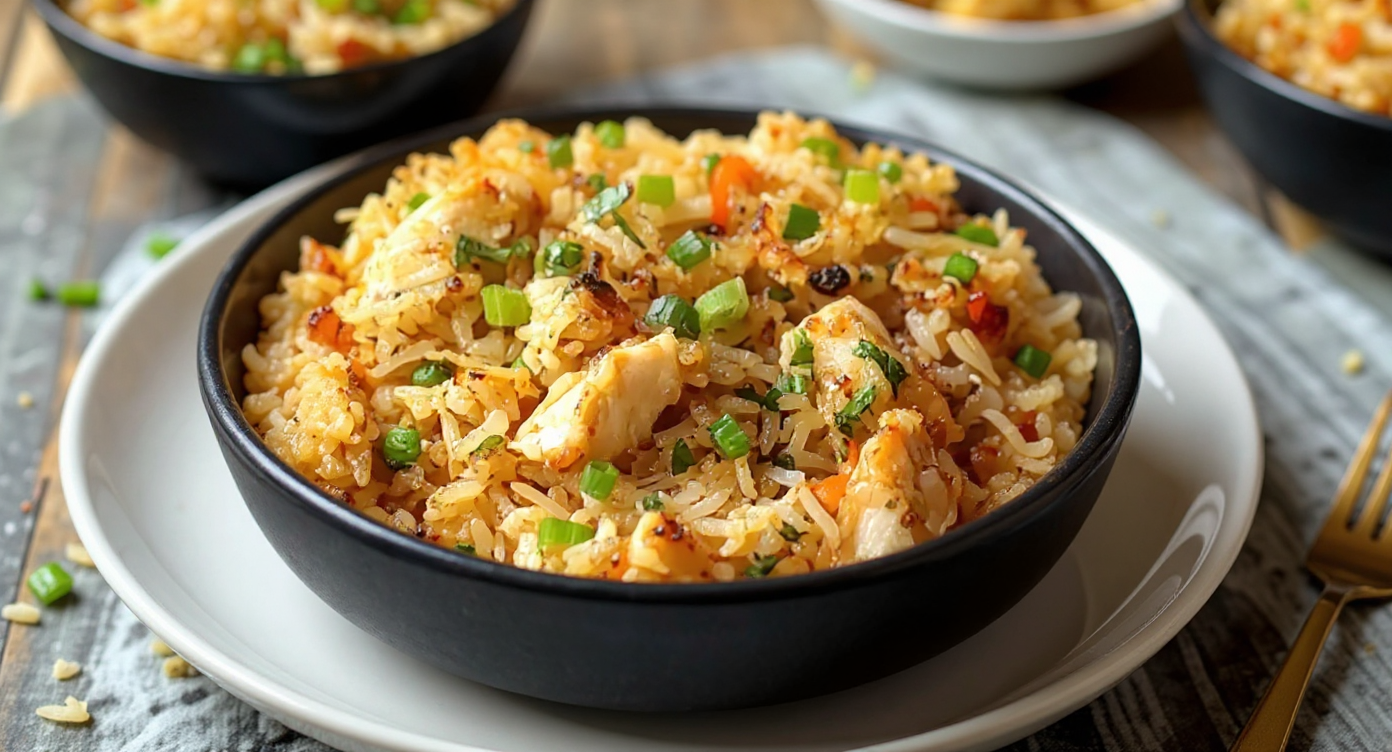 high protein crispy garlic chicken fried rice