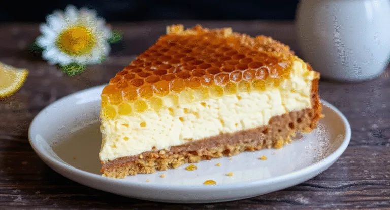 lemon lavender cheesecake topped with honeycomb