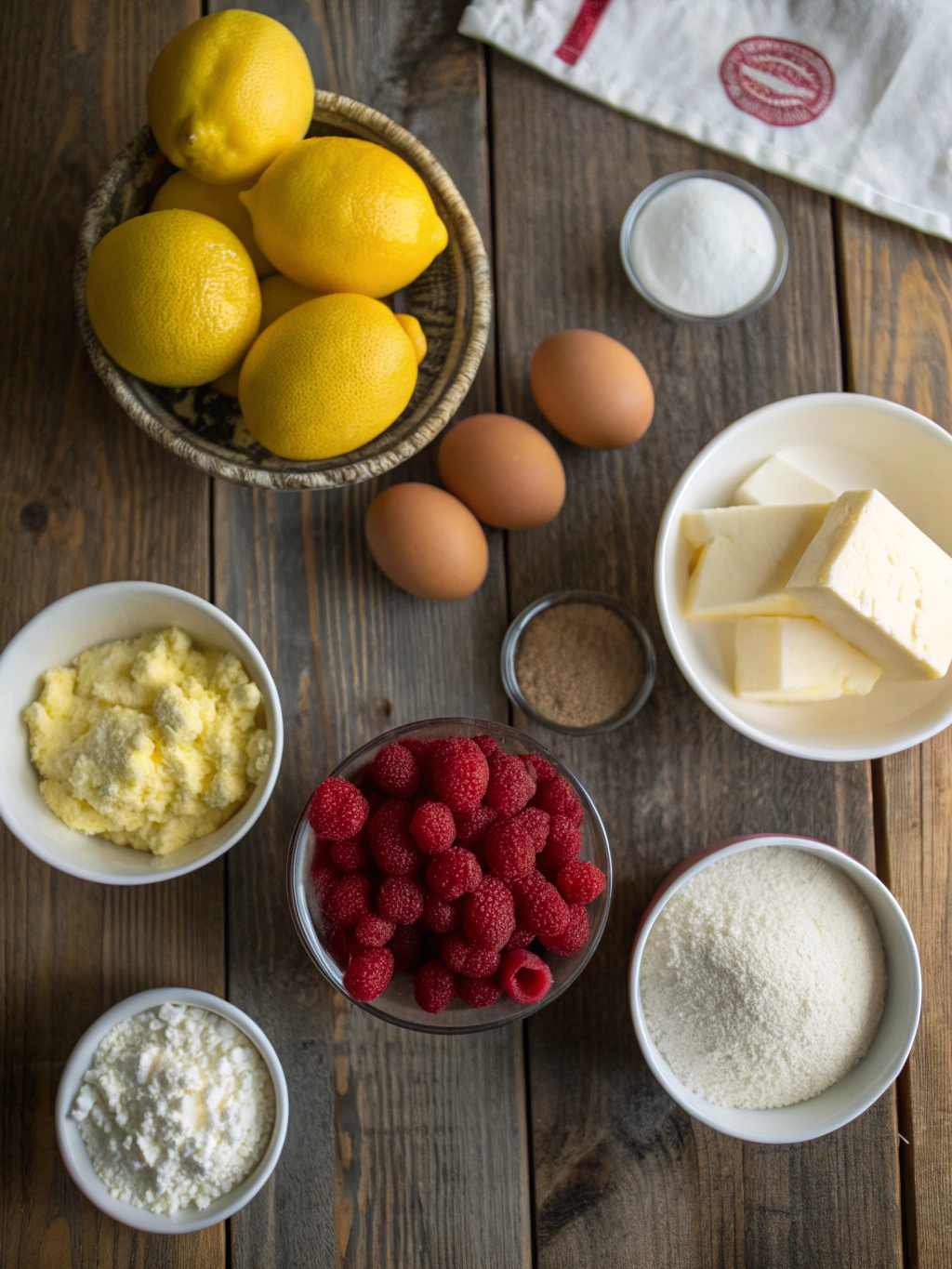Ingredients for lemon raspberry swirl cheesecake