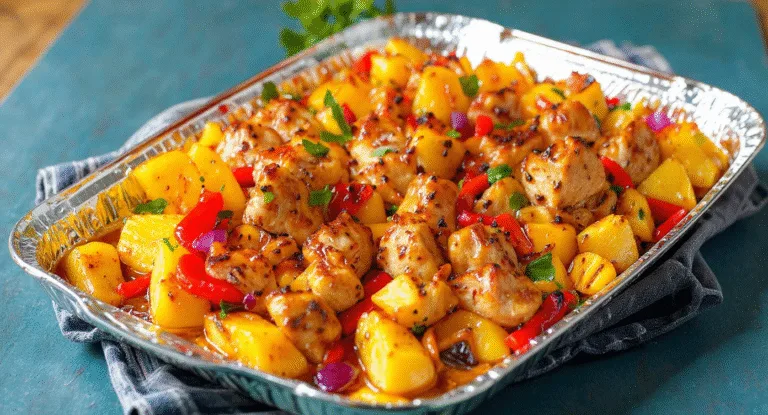 quick hawaiian chicken recipe on a sheet pan