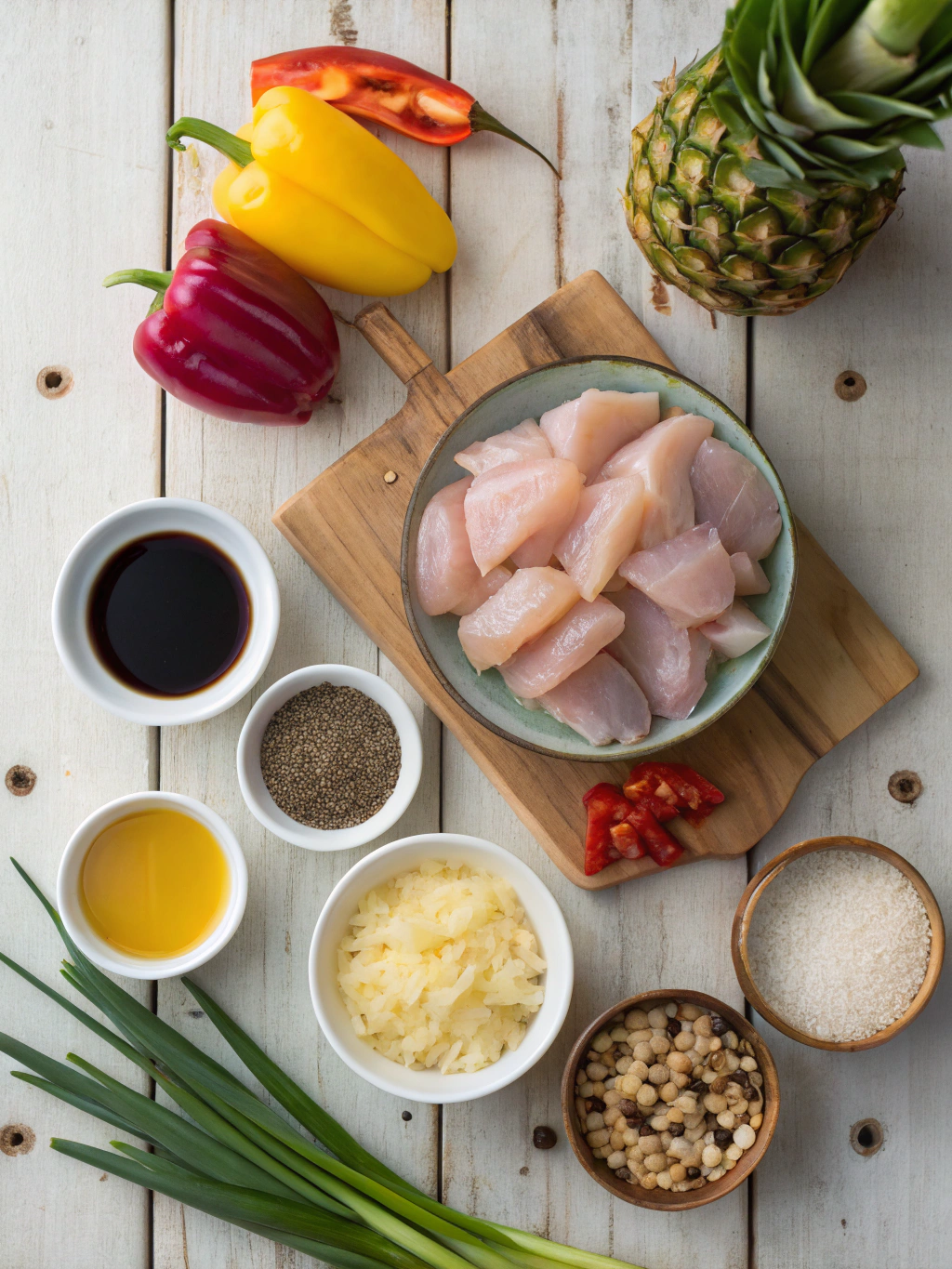 Ingredients for quick hawaiian chicken recipe on a sheet pan