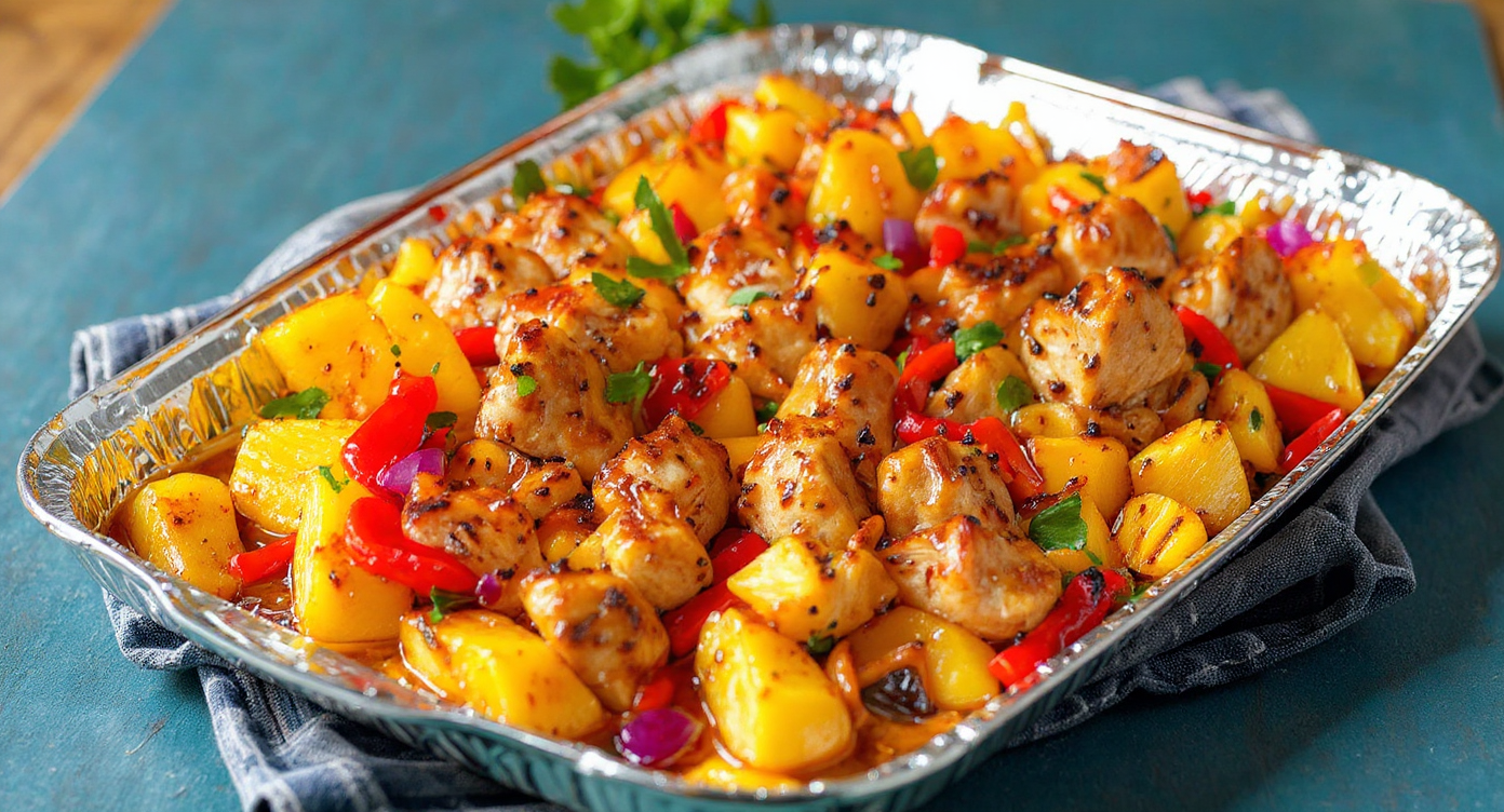 quick hawaiian chicken recipe on a sheet pan