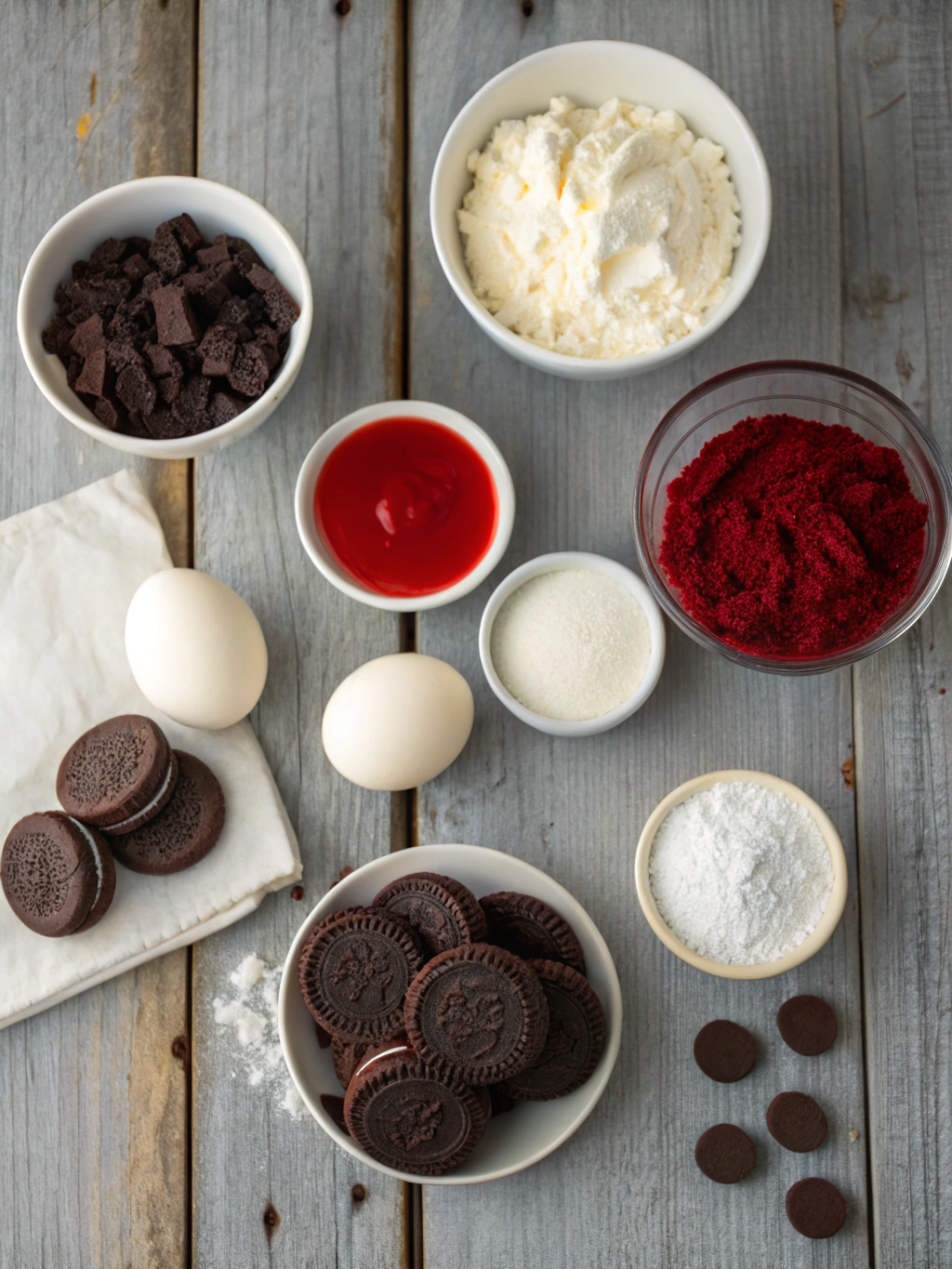 Ingredients for red velvet oreo cheesecake