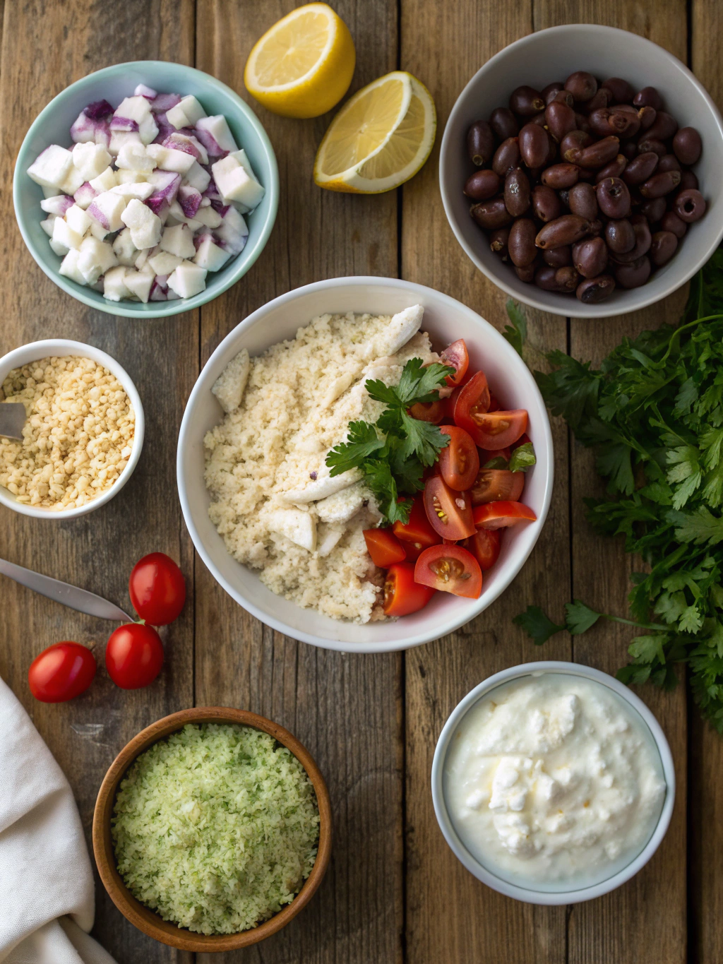 Ingredients for refreshing chicken tzatziki bowls
