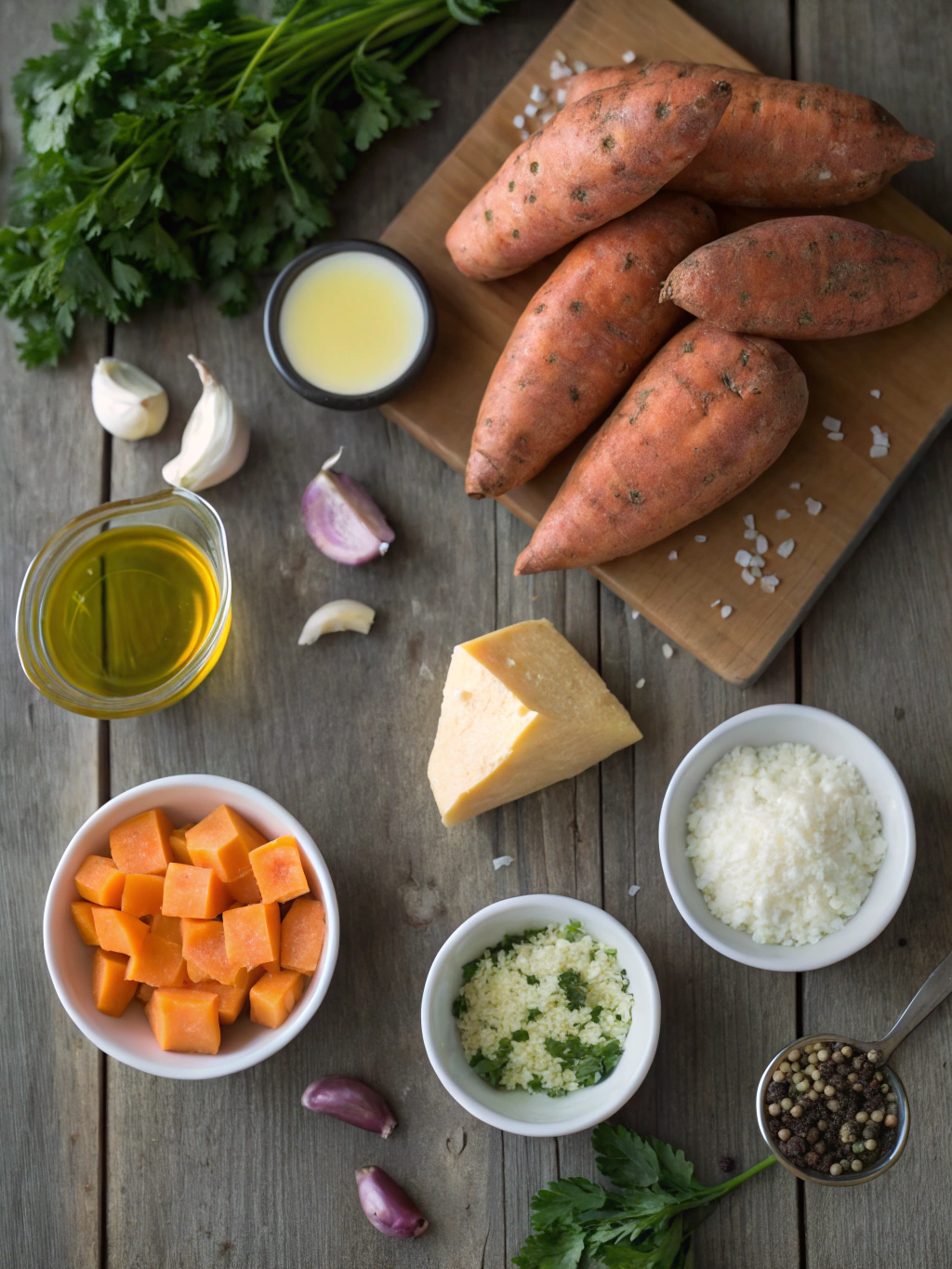 Ingredients for roasted sweet potatoes with garlic and parmesan