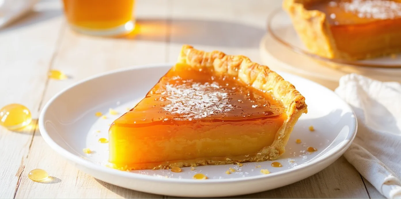 Creamy caramel flan dessert on a white plate with a golden glaze and powdered sugar, surrounded by honey drops and a glass of honey in the background. Perfect for sweet tooth cravings.
