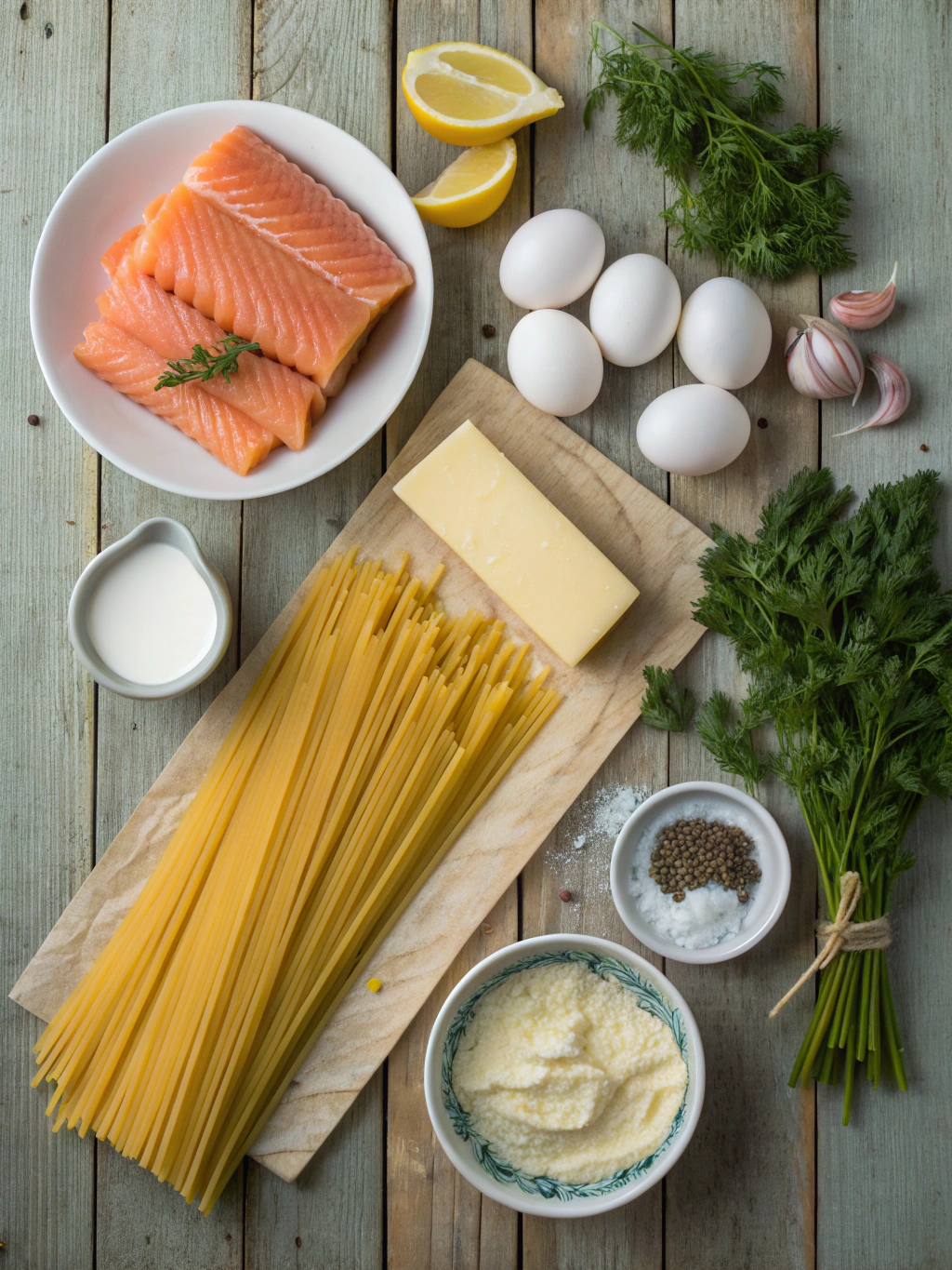 Ingredients for smoked salmon carbonara