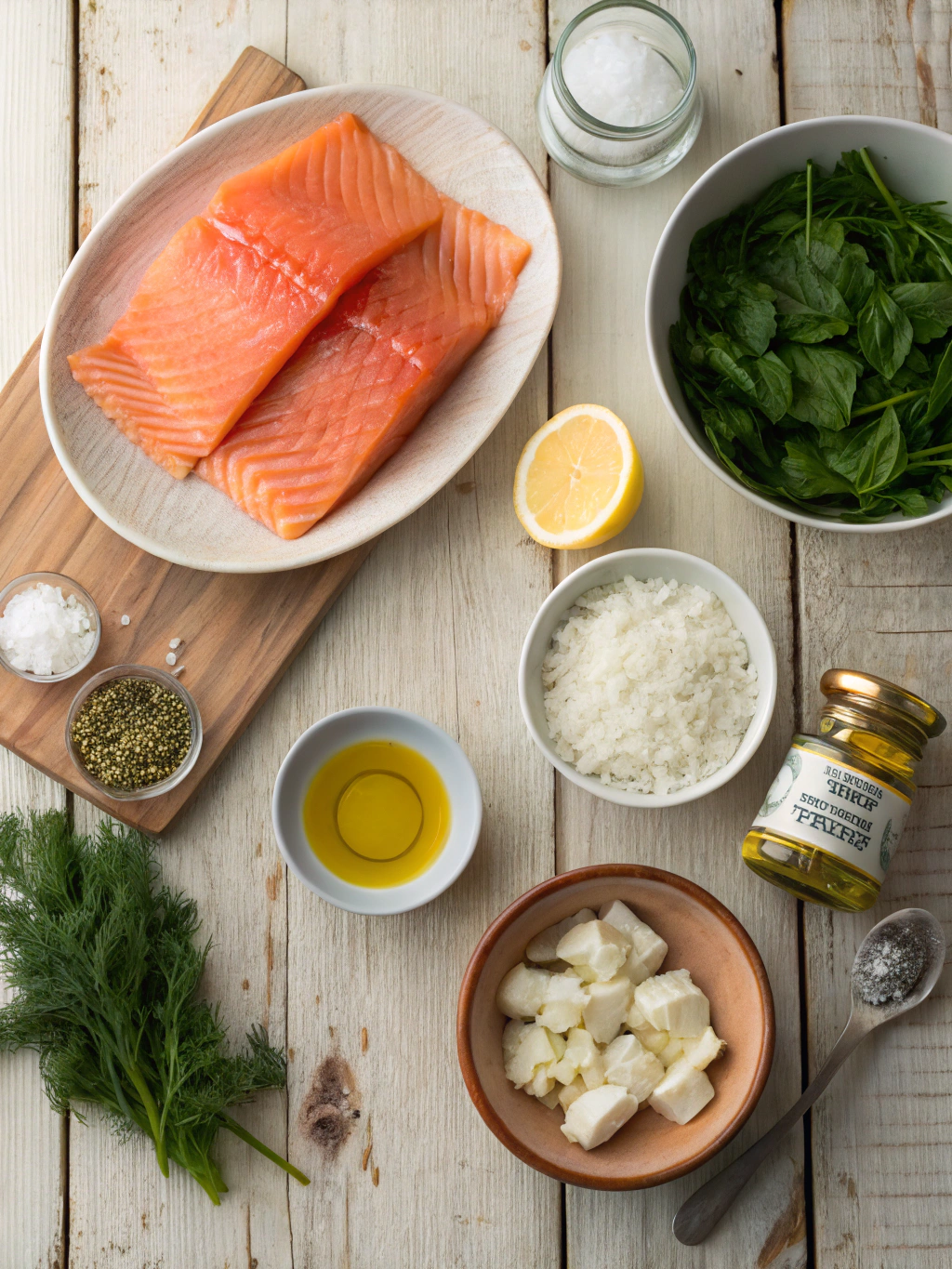 Ingredients for stuffed salmon pinwheels