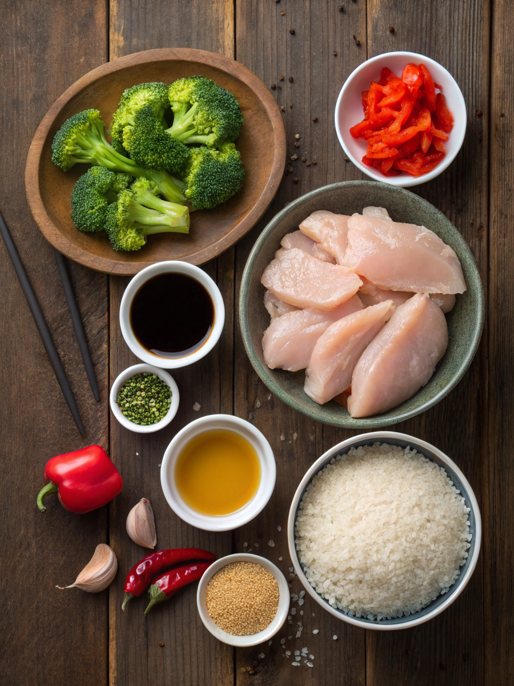 Ingredients for sweet chili chicken bowl