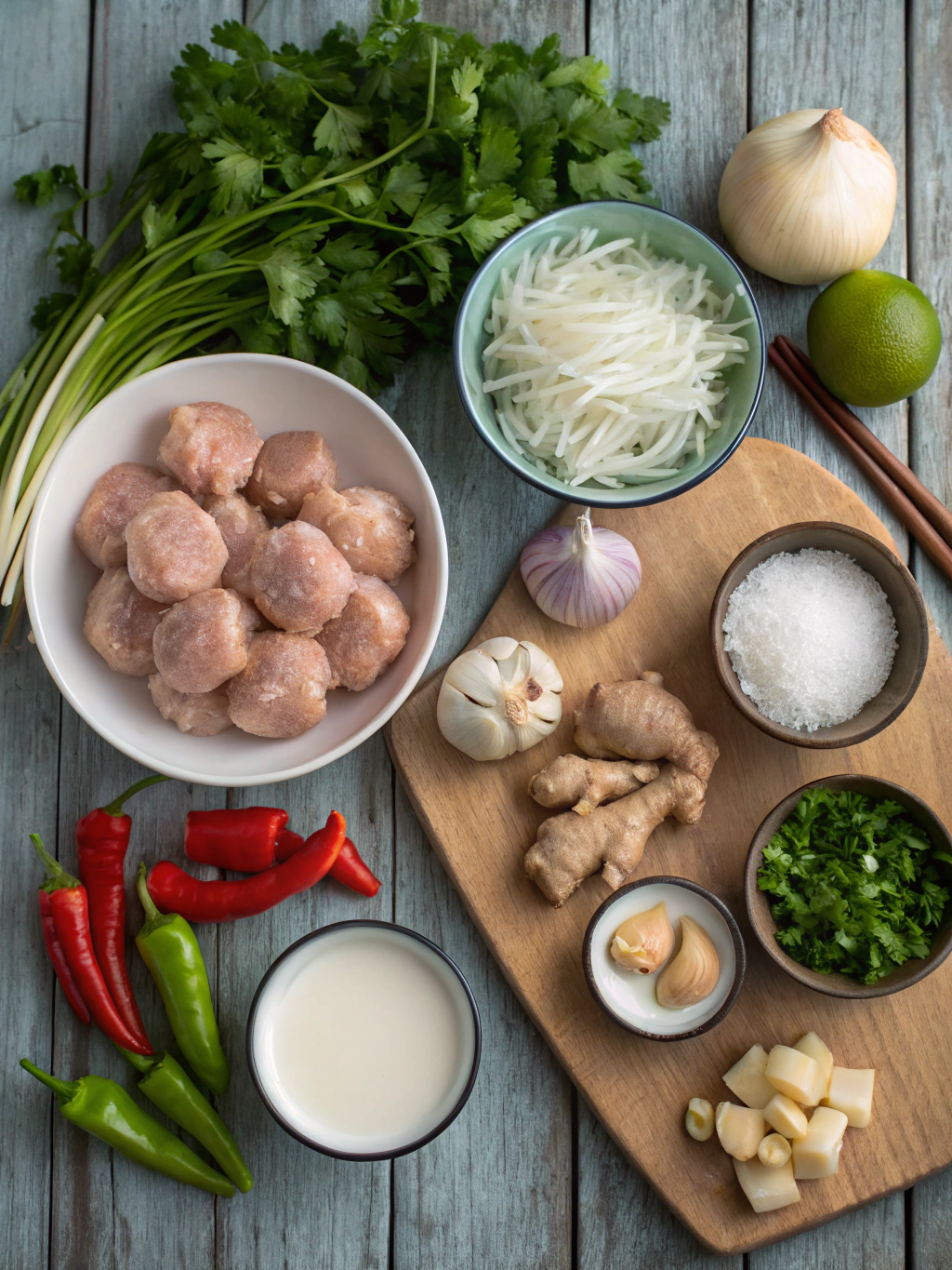 Ingredients for thai chicken meatballs in coconut curry