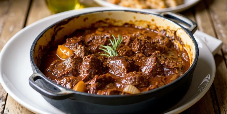Hearty beef stew in a black cast iron pot with tender beef chunks, vegetables, and rich gravy served on a white plate. Perfect for comfort food and flavorful home-cooked meals.