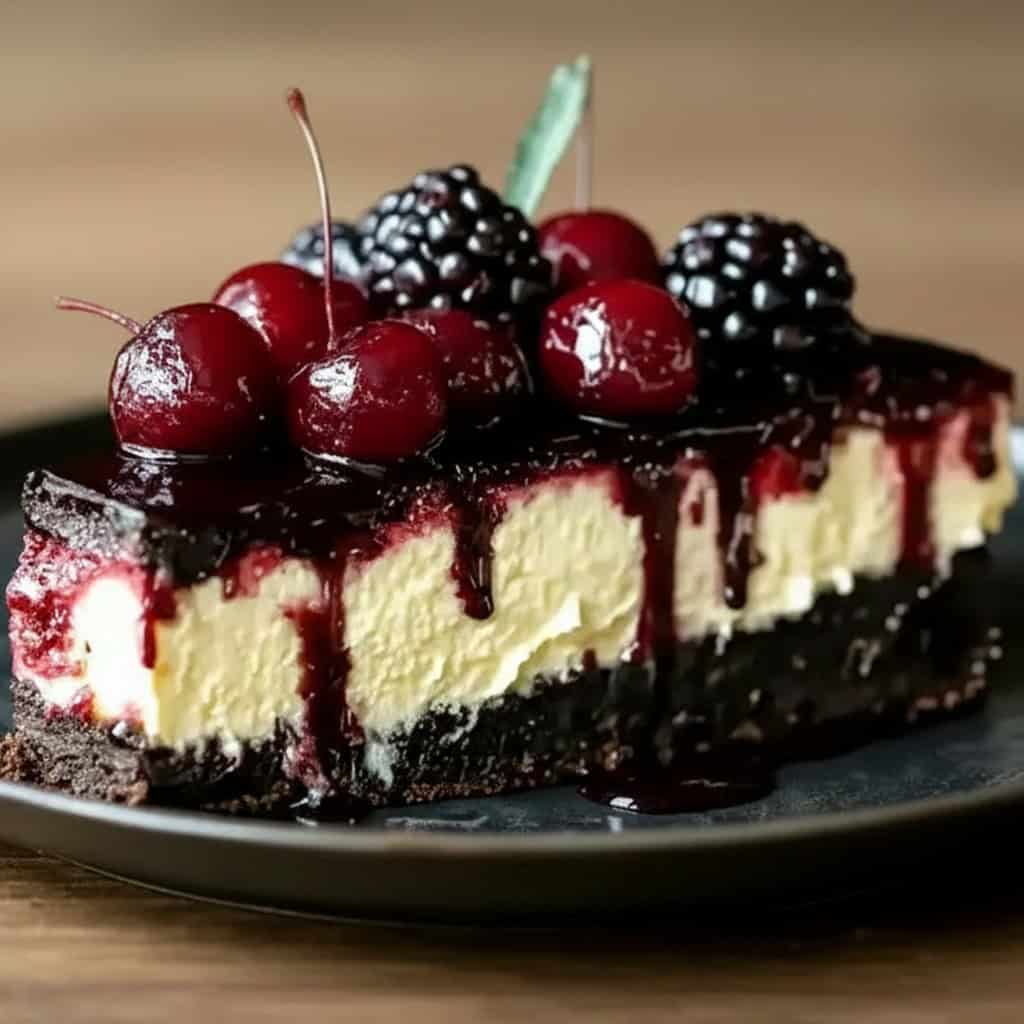 Rich cherry berry cheesecake with a chocolate crust topped with fresh cherries and blackberries, drizzled with berry sauce, on a dark plate. Perfect dessert for berry lovers.