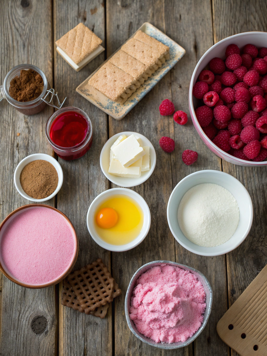 Ingredients for luxurious pink velvet raspberry cheesecake