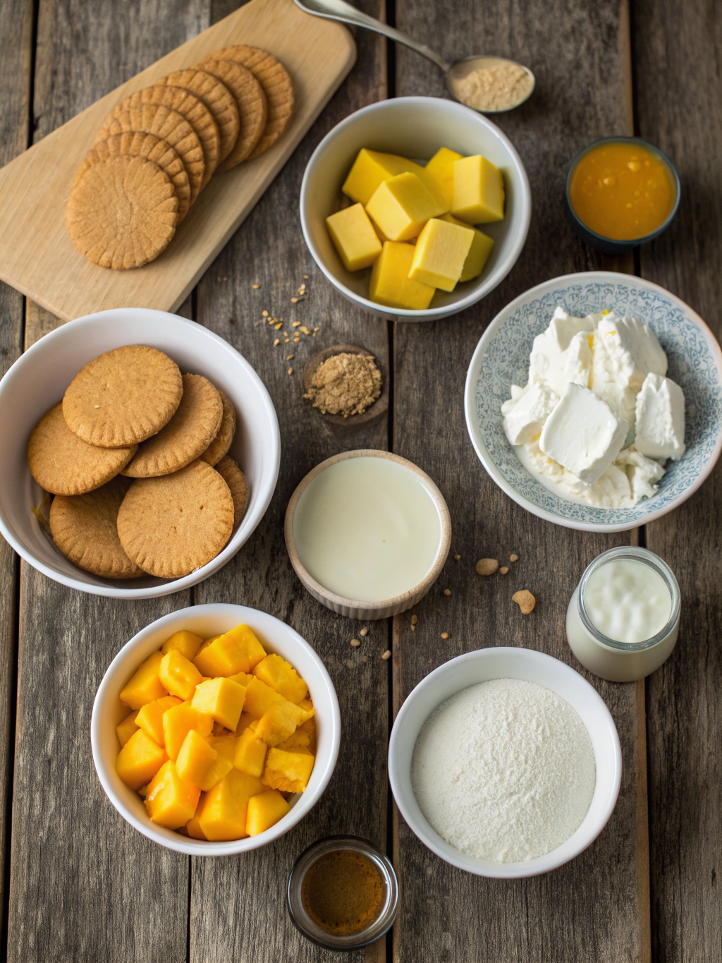 Ingredients for velvety mango cheesecake bliss