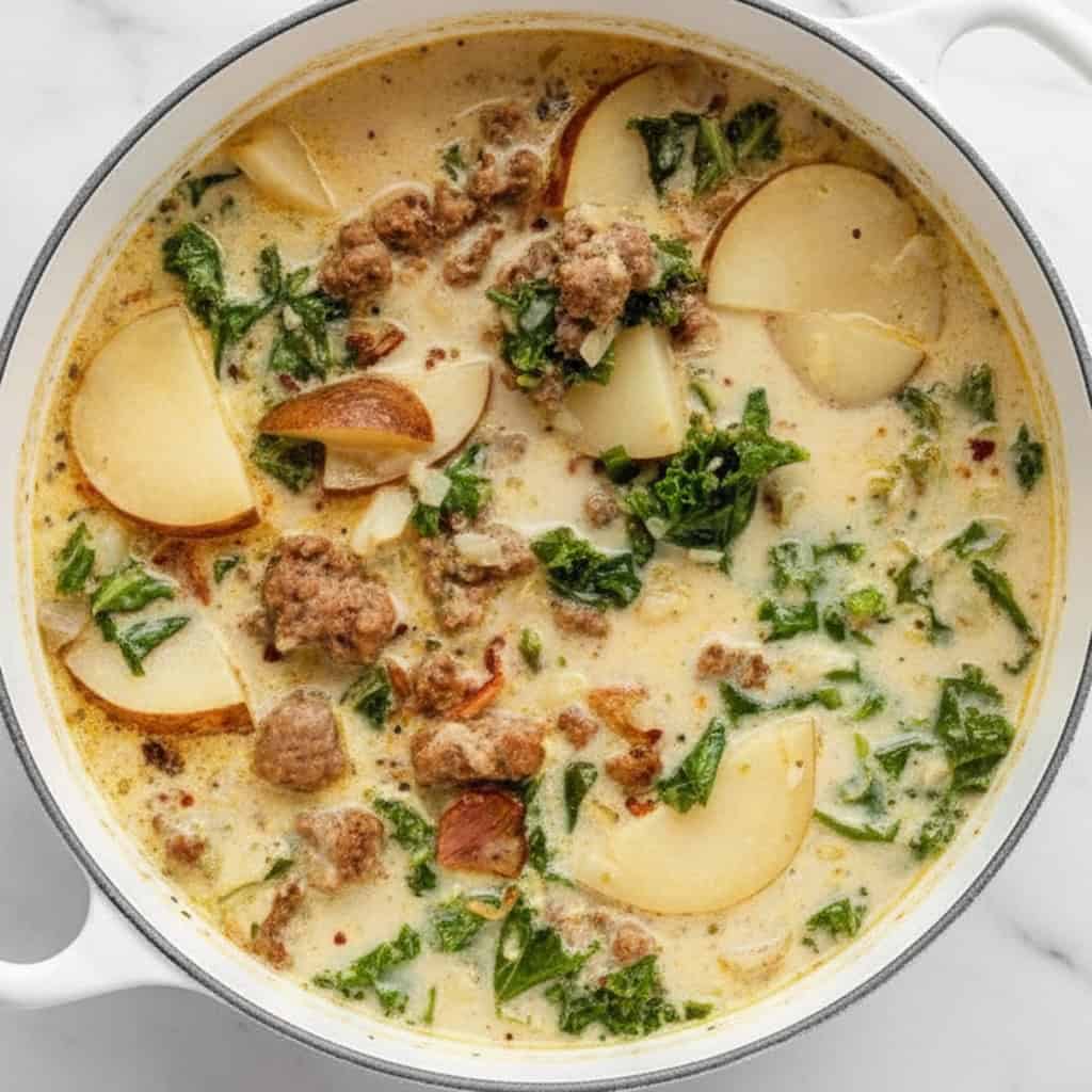 Creamy potato and ground beef soup with fresh herbs, seasoned with spices, served in a white bowl for a warm, comforting meal. Ideal for dinner or family gatherings.