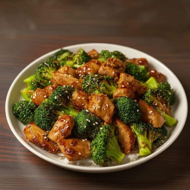 Fresh broccoli and tender chicken stir-fried with savory sauce, garnished with sesame seeds, served in a white bowl on a wooden table.